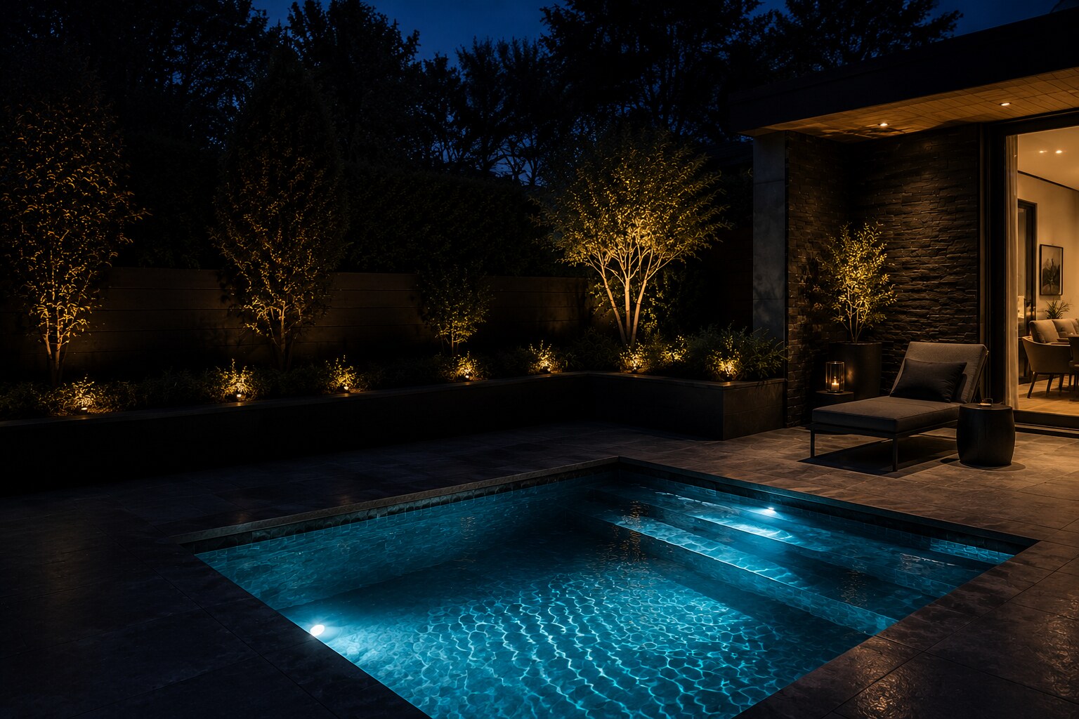 Luxury small-yard fiberglass plunge pool and cocktail pool backyard design in Conroe and Katy, Texas