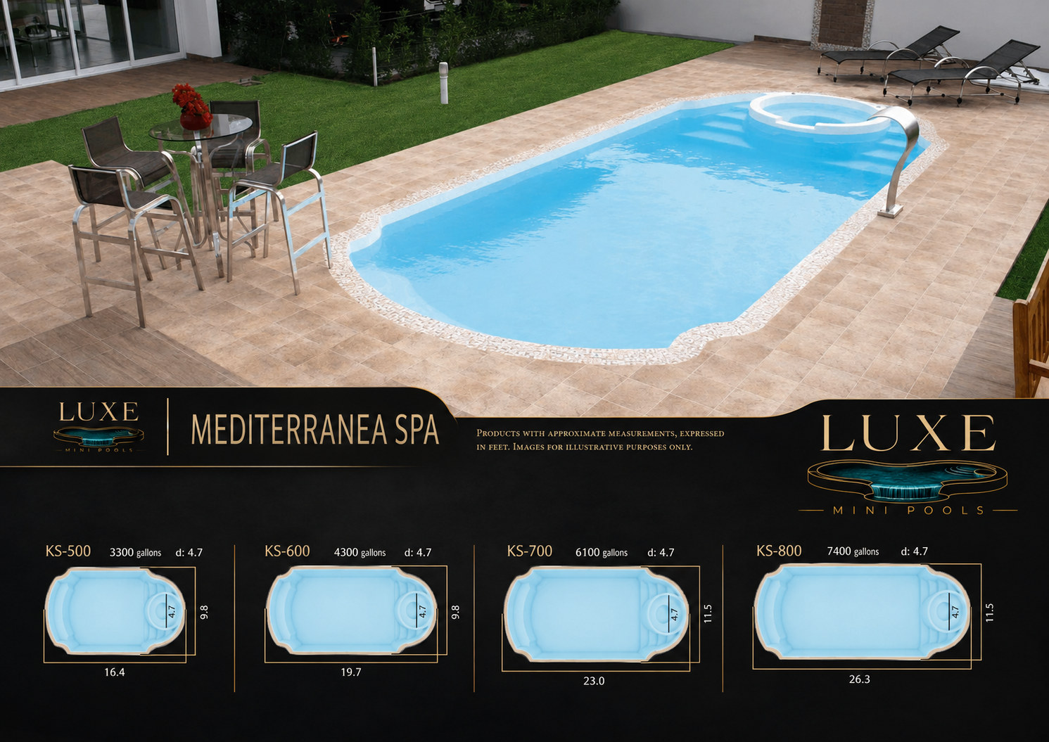 Mediterranea Spa curved fiberglass spool and small pool with spa seating | Texas service areas: Houston, Spring, Magnolia, Montgomery, Conroe, Katy, Navasota, Bryan, College Station, Hempstead, Cypress, and Huntsville, Texas Mediterranea Spa curved fiberglass spool and small pool with spa seating in Houston and Spring, Texas