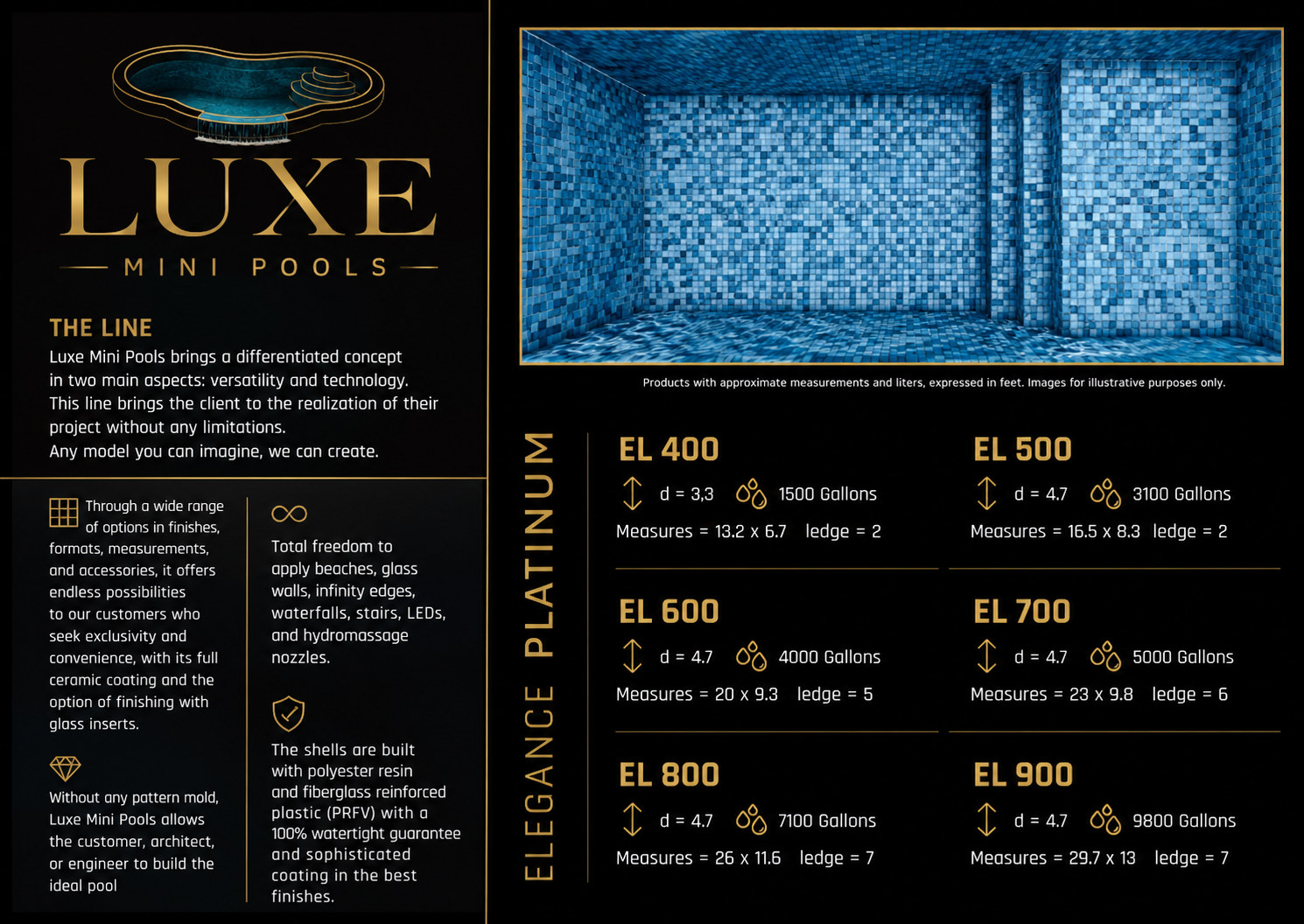 Platinum tiled fiberglass mini pool and luxury plunge pool collection | Texas service areas: Houston, Spring, Magnolia, Montgomery, Conroe, Katy, Navasota, Bryan, College Station, Hempstead, Cypress, and Huntsville, Texas Platinum tiled fiberglass mini pool and luxury plunge pool collection in Houston and Spring, Texas
